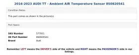 8S0820541 AUDI Ambient Air Temperature Sensor #3