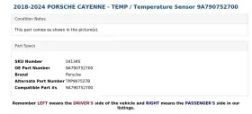 9A790752700 PORSCHE Temperature Sensor Cayenne #3