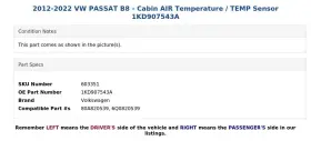 1KD907543A VOLKSWAGEN Cabin Air Temperature Sensor B8 Vw #3