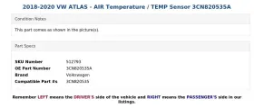 3CN820535A VOLKSWAGEN Atlas Air Temperature Sensor Vw #3