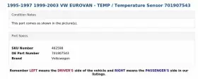 701907543 VOLKSWAGEN Temperature Sensor Vw Eurovan #3