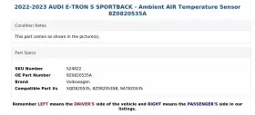 8Z0820535A VOLKSWAGEN Ambient Air Temperature Sensor Tron #3